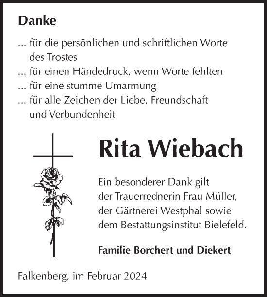 Traueranzeige von Rita Wiebach von Volksstimme Altmark Ost