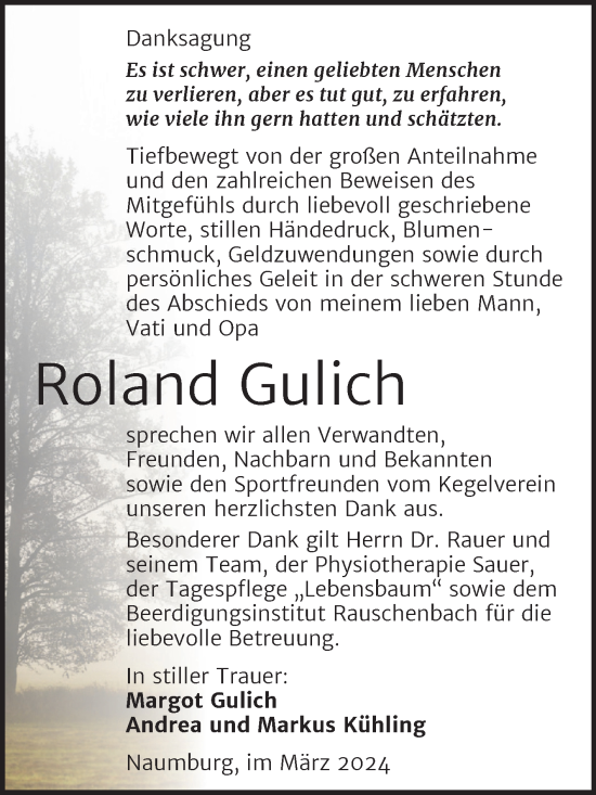 Traueranzeige von Roland Gulich von Naumburger Tageblatt