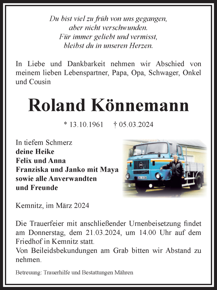  Traueranzeige für Roland Könnemann vom 08.03.2024 aus Volksstimme Altmark West