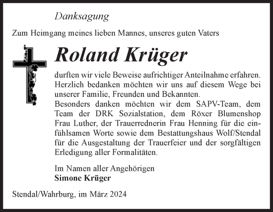 Traueranzeige von Roland Krüger von Volksstimme Altmark Ost