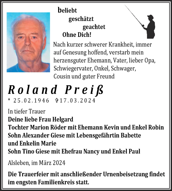 Traueranzeige von Roland  Preiß von Trauerkombi Bernburg