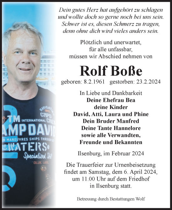 Traueranzeige von Rolf Boße von Volksstimme Wernigerode