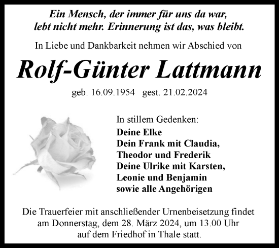 Traueranzeige von Rolf-Günter Lattmann von Trauerkombi Quedlinburg