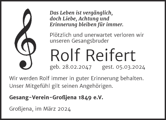Traueranzeige von Rolf Reifert von Naumburger Tageblatt
