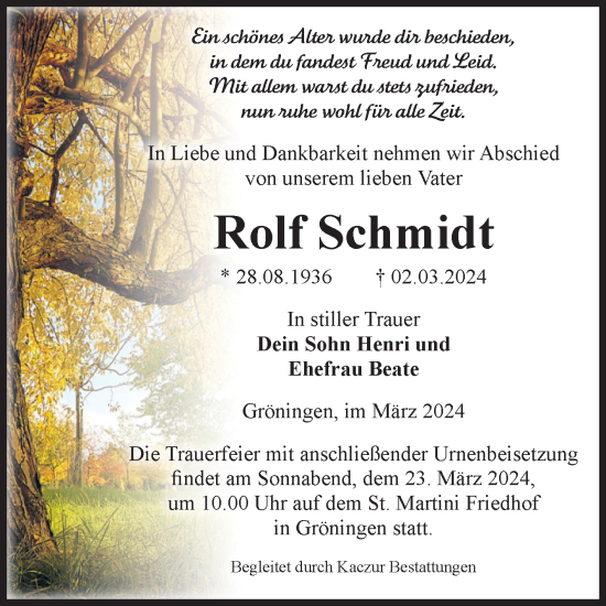 Traueranzeige von Rolf Schmidt von Volksstimme Oschersleben/Wanzleben