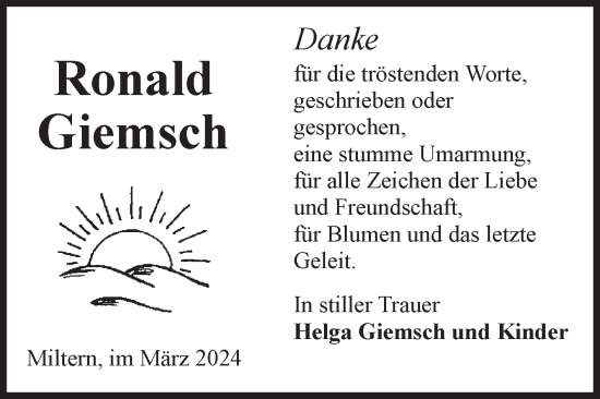 Traueranzeige von Ronald Giemsch von Volksstimme Altmark Ost
