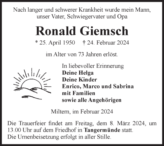 Traueranzeige von Ronald Giemsch von Volksstimme Altmark Ost