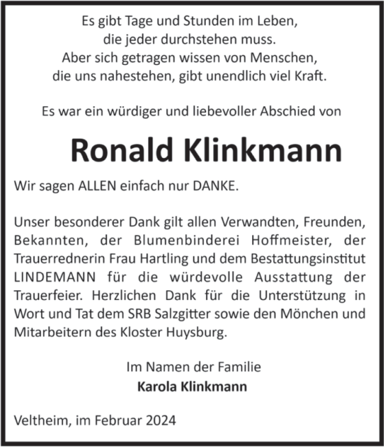 Traueranzeige von Ronald Klinkmann von Volksstimme Halberstadt