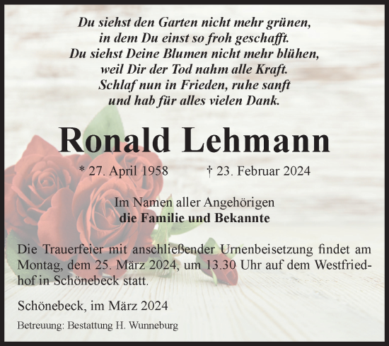 Traueranzeige von Ronald Lehmann von Volksstimme Schönebeck
