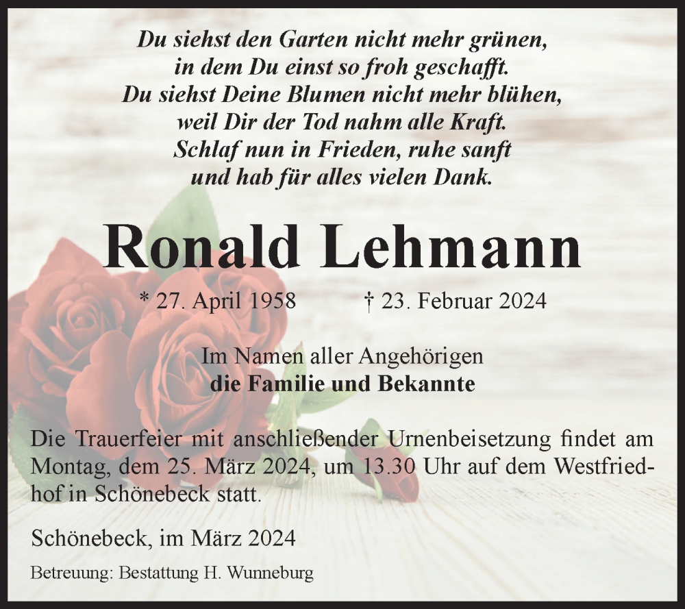  Traueranzeige für Ronald Lehmann vom 12.03.2024 aus Volksstimme Schönebeck