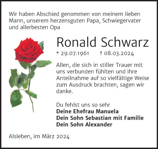 Traueranzeige von Ronald Schwarz von Trauerkombi Bernburg