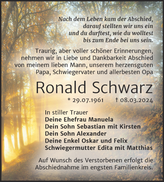 Traueranzeige von Ronald Schwarz von Trauerkombi Bernburg