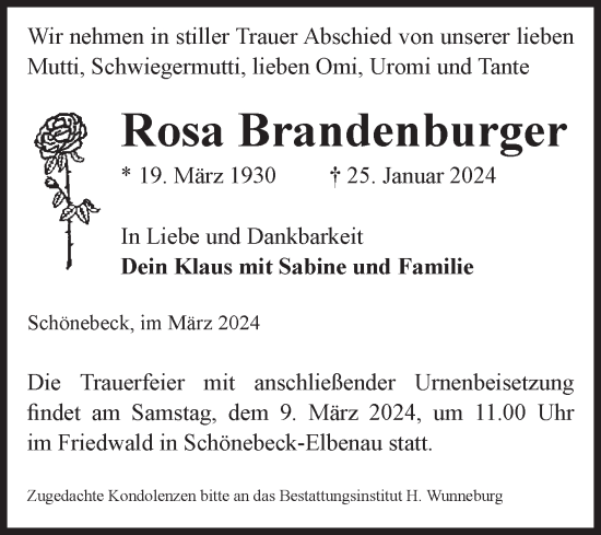 Traueranzeige von Rosa Brandenburger von Volksstimme Schönebeck