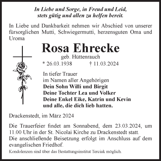 Traueranzeige von Rosa Ehrecke von Volksstimme Oschersleben/Wanzleben