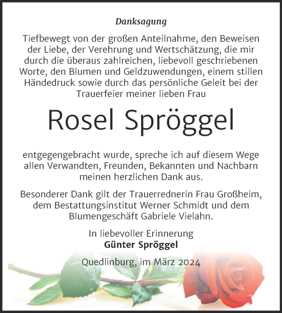 Traueranzeige von Rosel Spröggel von Trauerkombi Quedlinburg