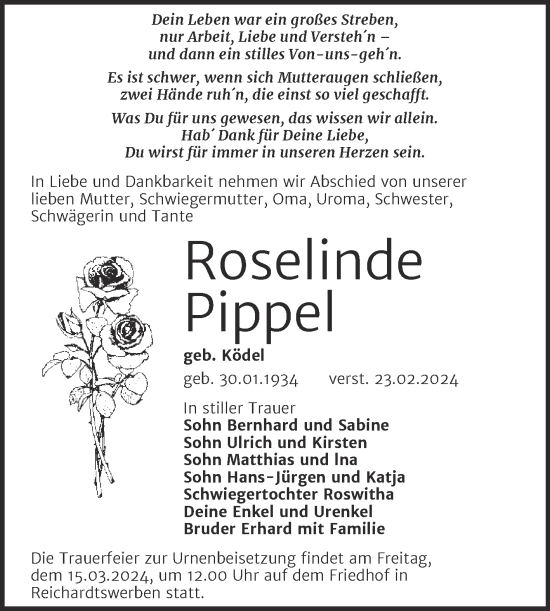 Traueranzeige von Roselinde Pippel von Trauerkombi Weißenfels