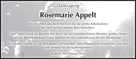 Traueranzeige von Rosemarie Appelt von Volksstimme Staßfurt