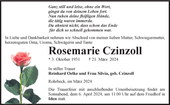 Traueranzeige von Rosemarie Czinzoll von Volksstimme Altmark Ost