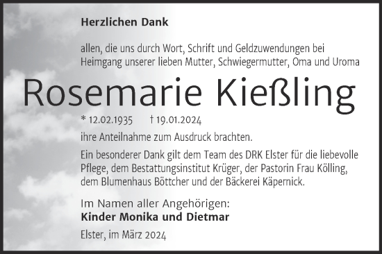 Traueranzeige von Rosemarie Kießling von Trauerkombi Wittenberg
