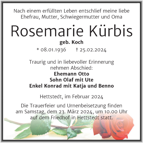 Traueranzeige von Rosemarie Kürbis von Trauerkombi Mansfelder Land