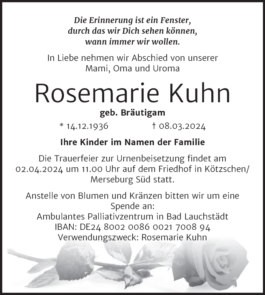  Traueranzeige für Rosemarie Kuhn vom 15.03.2024 aus Trauerkombi Merseburg