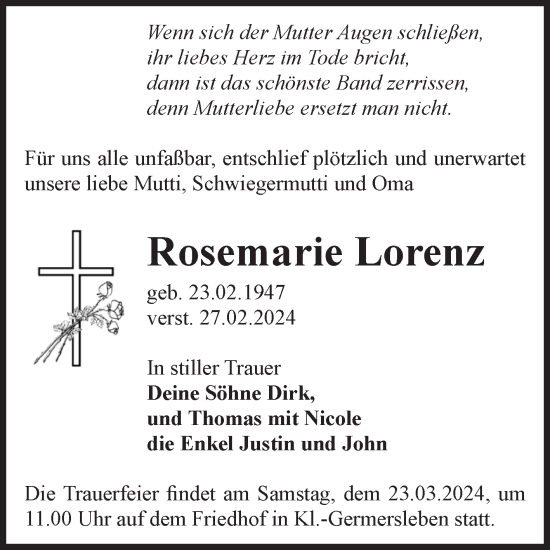 Traueranzeige von Rosemarie Lorenz von Volksstimme Oschersleben/Wanzleben