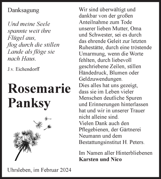 Traueranzeige von Rosemarie Panksy von Volksstimme Haldensleben/Wolmirstedt