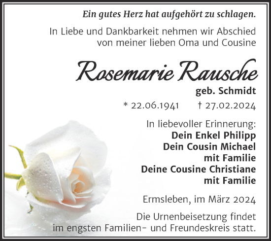 Traueranzeige von Rosemarie Rausche von Trauerkombi Quedlinburg