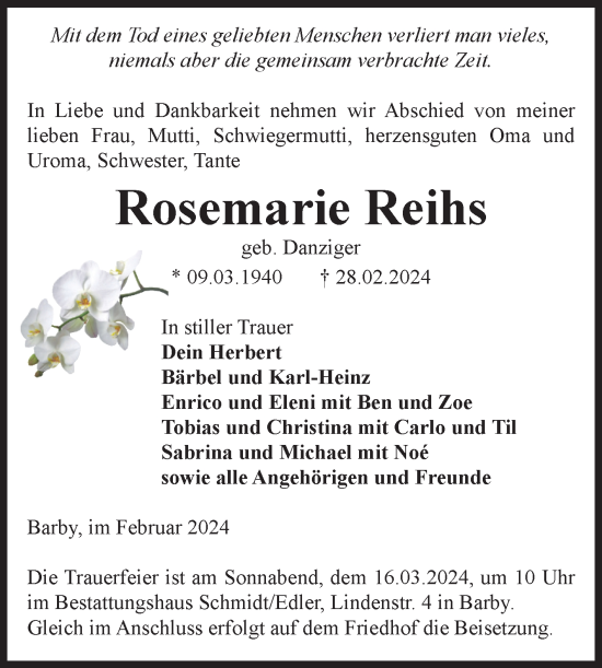 Traueranzeige von Rosemarie Reihs von Volksstimme Schönebeck