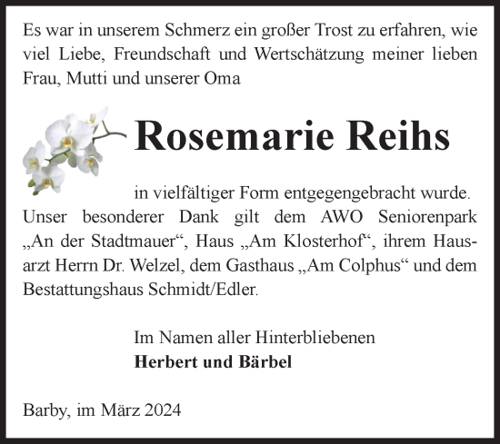 Traueranzeige von Rosemarie Reihs von Volksstimme Schönebeck