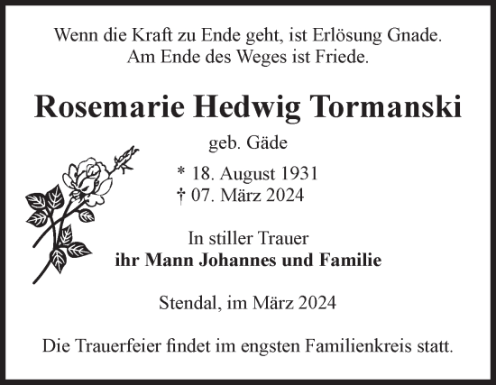 Traueranzeige von Rosemarie  Tormanski von Volksstimme Altmark Ost