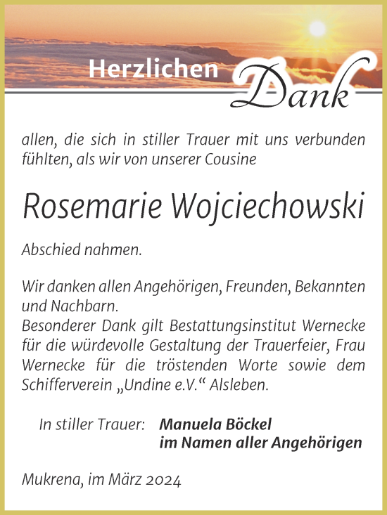 Traueranzeige von Rosemarie Wojciechowski von Trauerkombi Bernburg