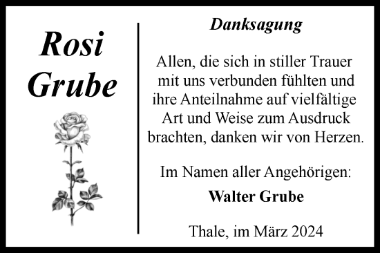 Traueranzeige von Rosi Grube von Trauerkombi Quedlinburg