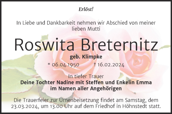 Traueranzeige von Roswita Breternitz 