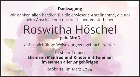 Traueranzeige von Roswitha Höschel von Trauerkombi Merseburg