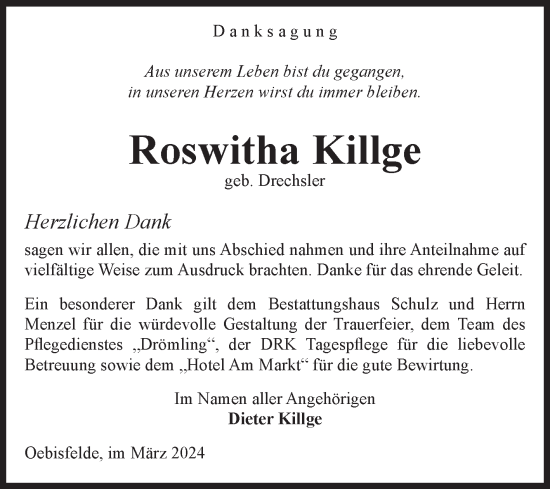 Traueranzeige von Roswitha Killge von Volksstimme Altmark West