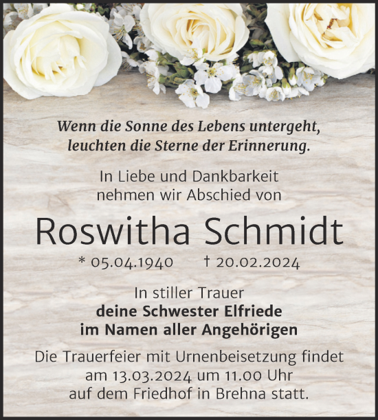 Traueranzeige von Roswitha Schmidt von Trauerkombi Bitterfeld