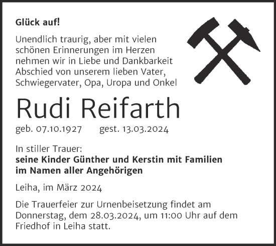 Traueranzeige von Rudi Reifarth von Trauerkombi Merseburg