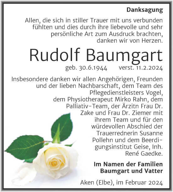 Traueranzeige von Rudolf Baumgart von Trauerkombi Köthen