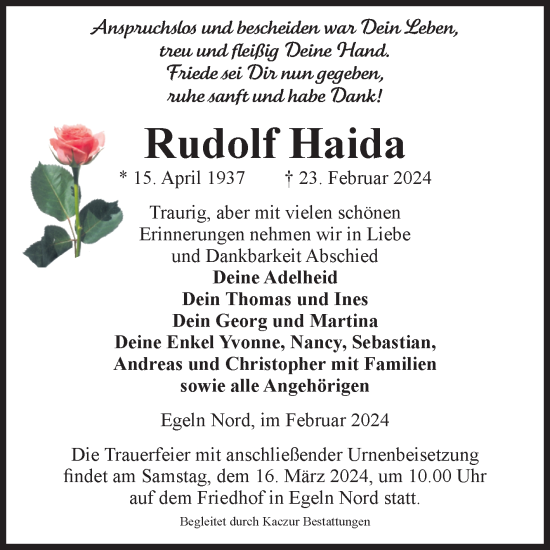 Traueranzeige von Rudolf Haida von Volksstimme Staßfurt