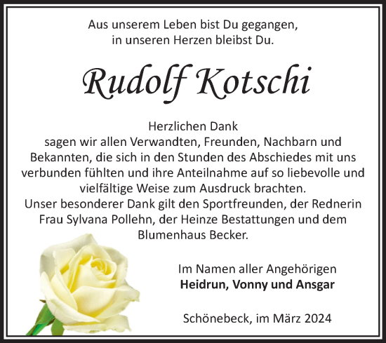 Traueranzeige von Rudolf Kotschi von Volksstimme Schönebeck