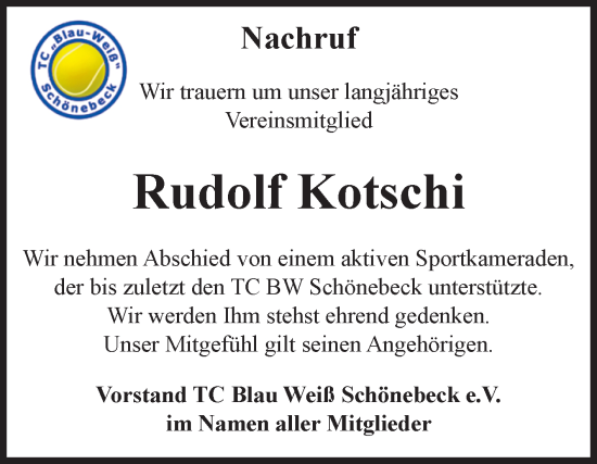 Traueranzeige von Rudolf Kotschi von Volksstimme Schönebeck
