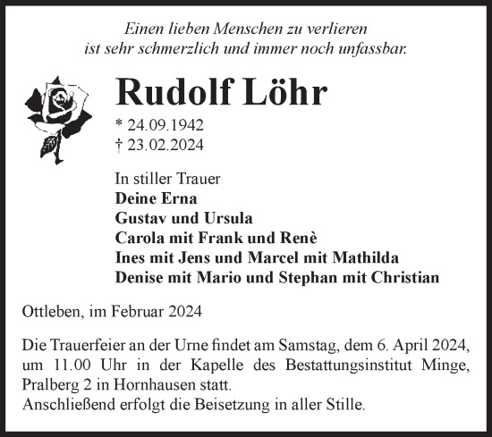 Traueranzeige von Rudolf Löhr von Volksstimme Oschersleben/Wanzleben