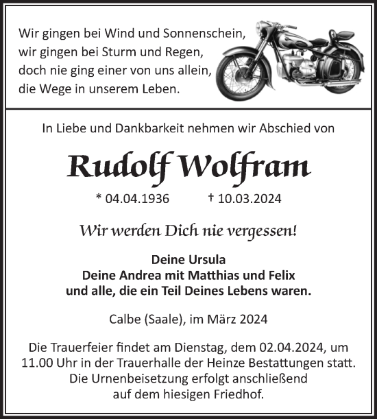 Traueranzeige von Rudolf Wolfram von Volksstimme Schönebeck