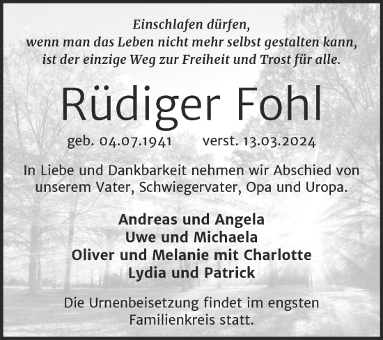 Traueranzeige von Rüdiger Fohl von Trauerkombi Weißenfels