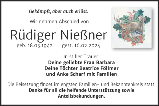 Traueranzeige von Rüdiger Nießner von Trauerkombi Mansfelder Land