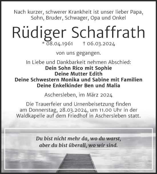 Traueranzeige von Rüdiger Schaffrath von Trauerkombi Aschersleben