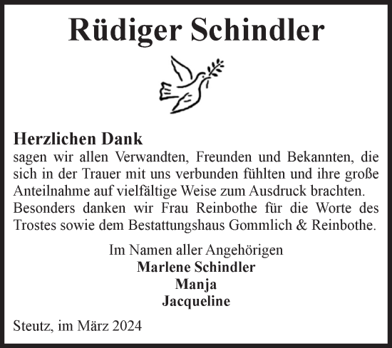 Traueranzeige von Rüdiger Schindler von Volksstimme Zerbst