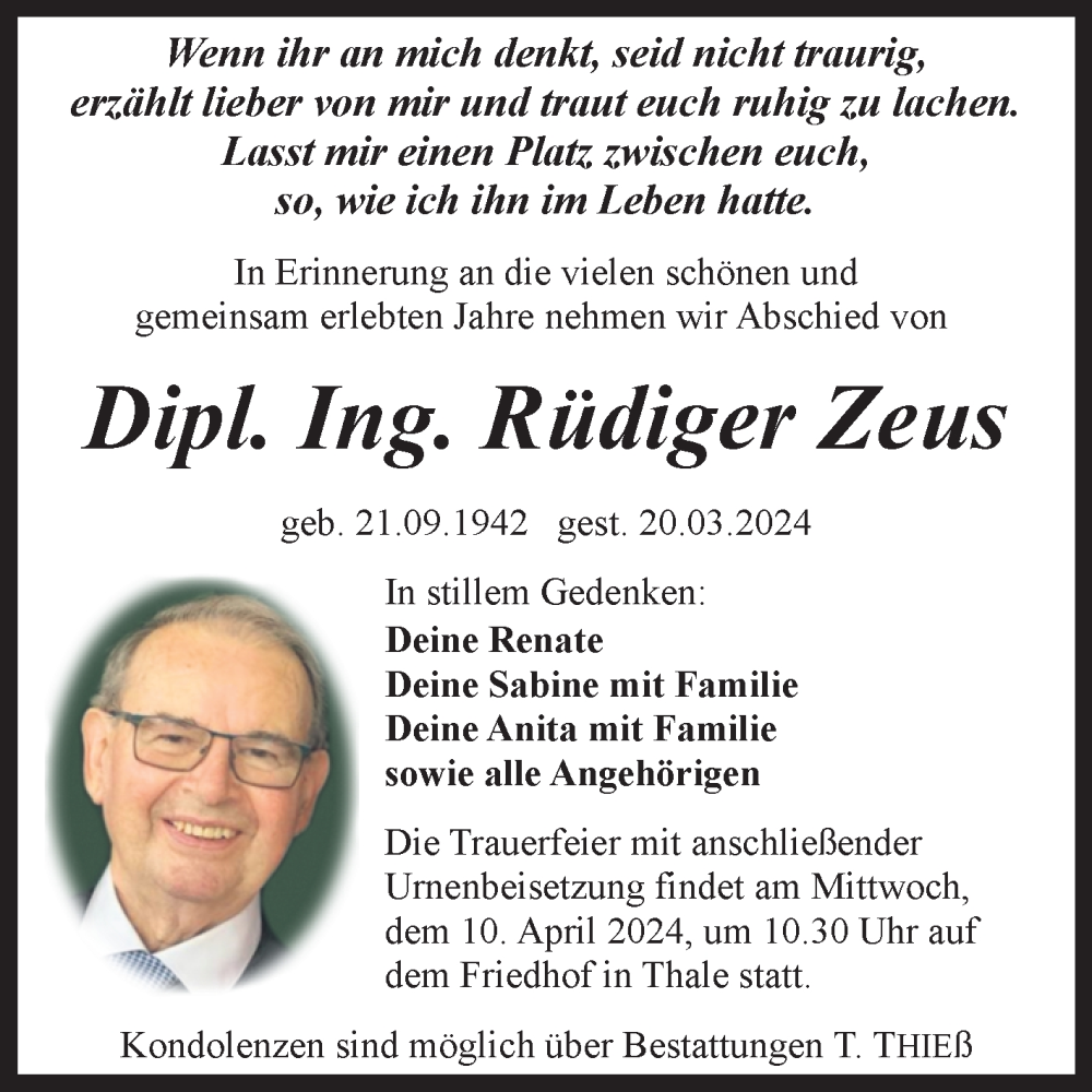  Traueranzeige für Rüdiger Zeus vom 30.03.2024 aus Trauerkombi Quedlinburg