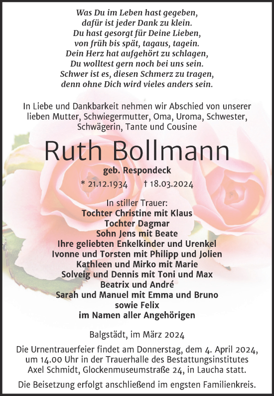 Traueranzeige von Ruth Bollmann von Super Sonntag Naumburg/Nebra